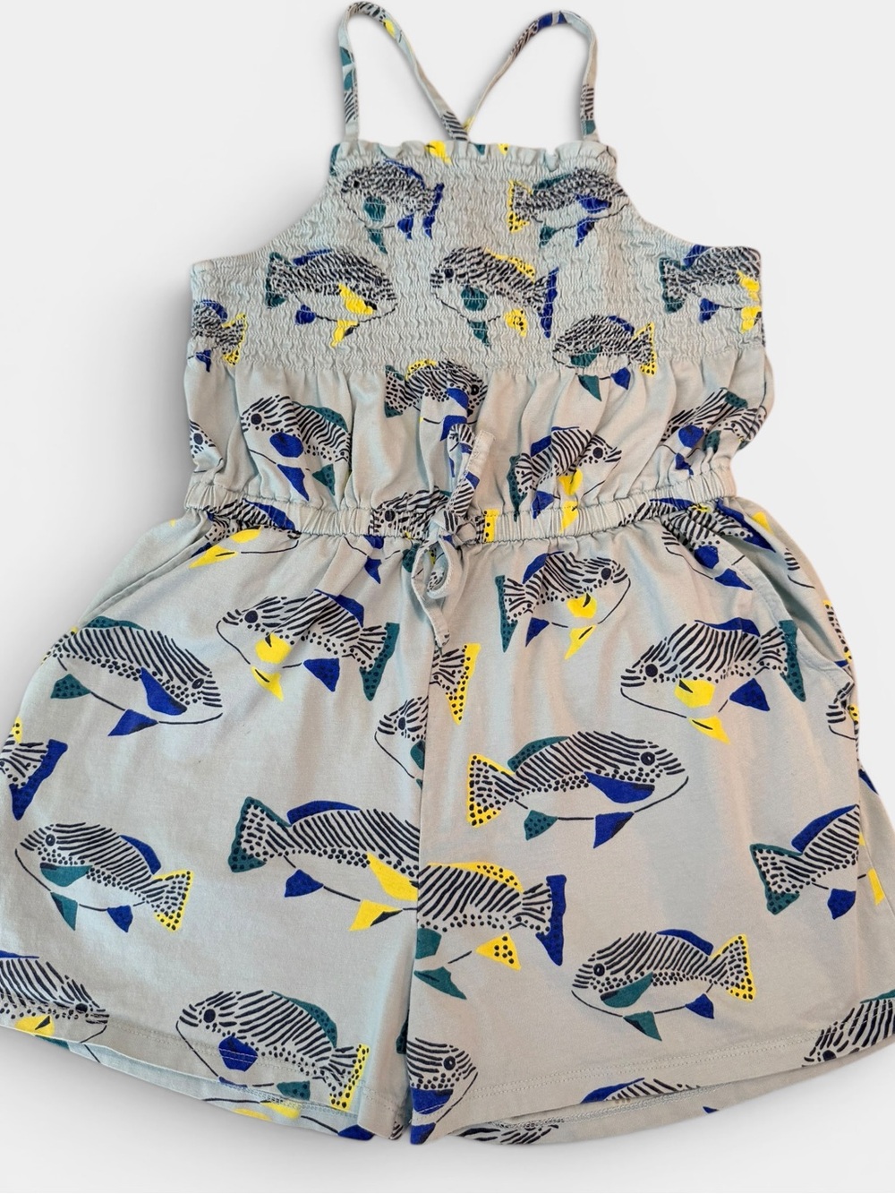 Tea Collection Fish Print Smocked Romper Girls Size 12 Blue Sleeveless Pockets